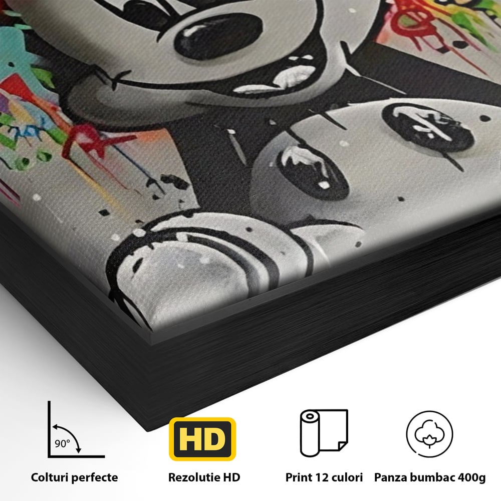 Detaliu al suprafetei: tablou canvas cu mickey mouse colorat, in rama de aluminiu negru